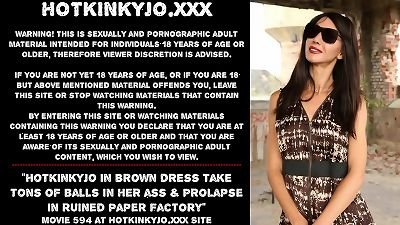 Hotkinkyjo in chocolate-colored dress take tons of ballsack in her bum & mini-rosebud in ruined paper factory