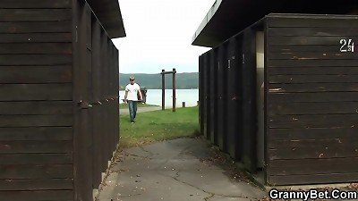 massive melons blond grandma rides stranger's chisel on public