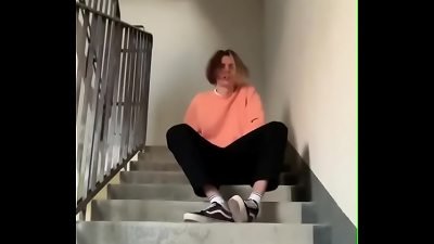 fellow masturbates On Public Staircase In The Entrance And blows a load