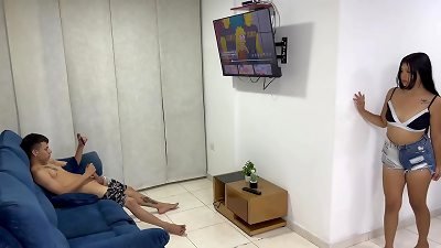 My timid stepsister catches me jerking and wants me to pound her indeed stiff until she cums. I jizz on top of her.