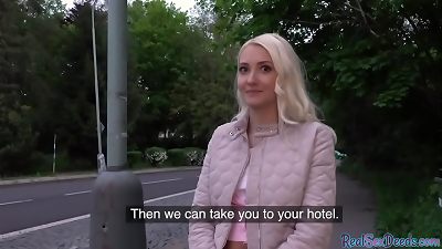 platinum-blonde 25yo cutie gives blowjob to his giant prick in public